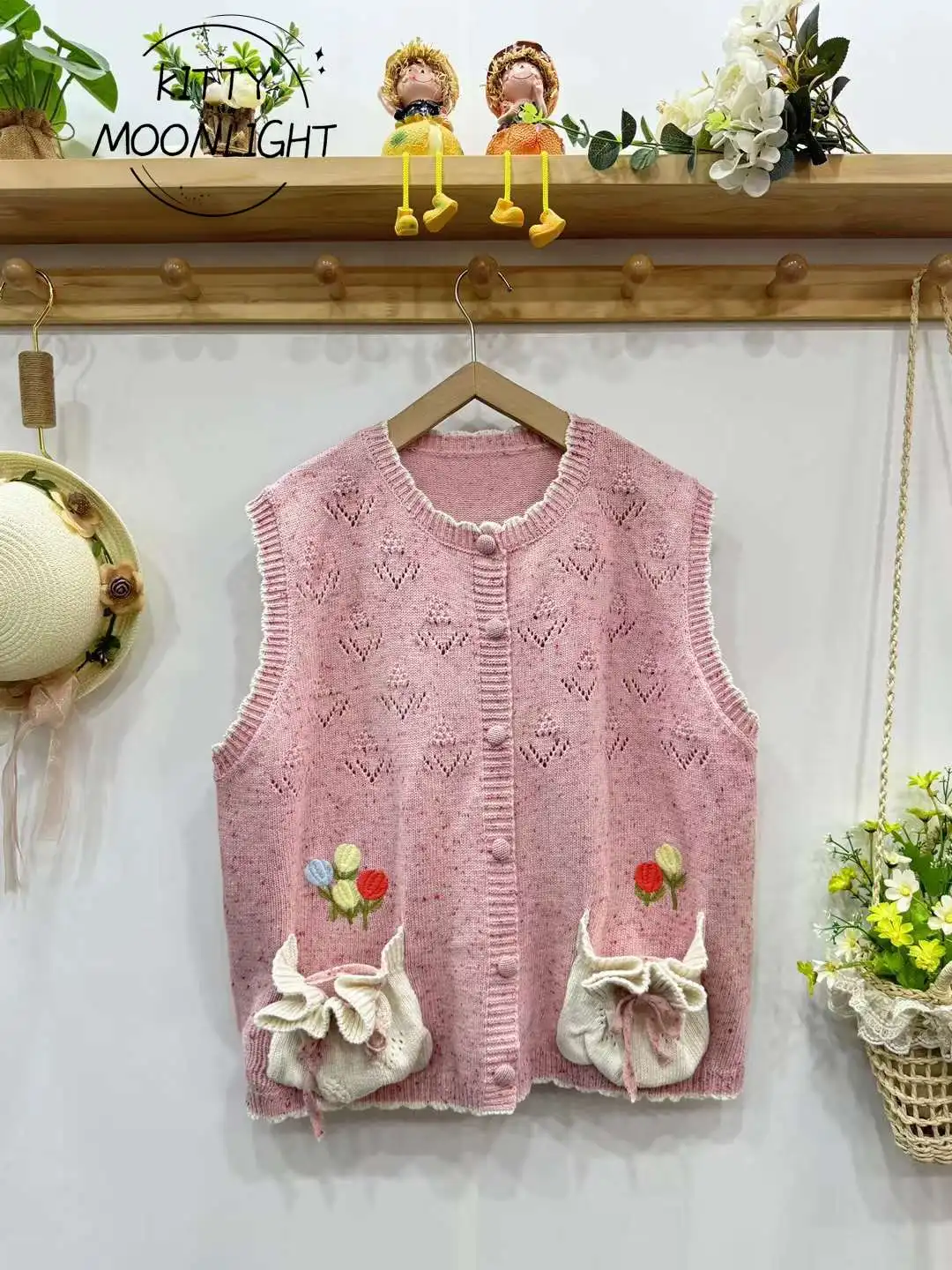 Vintage Flower Knitted Japan Style Mori Girl Sweet Embroidery Vest Women Kawaii Sleeveless Sweater Single Breasted Knitwear Tops