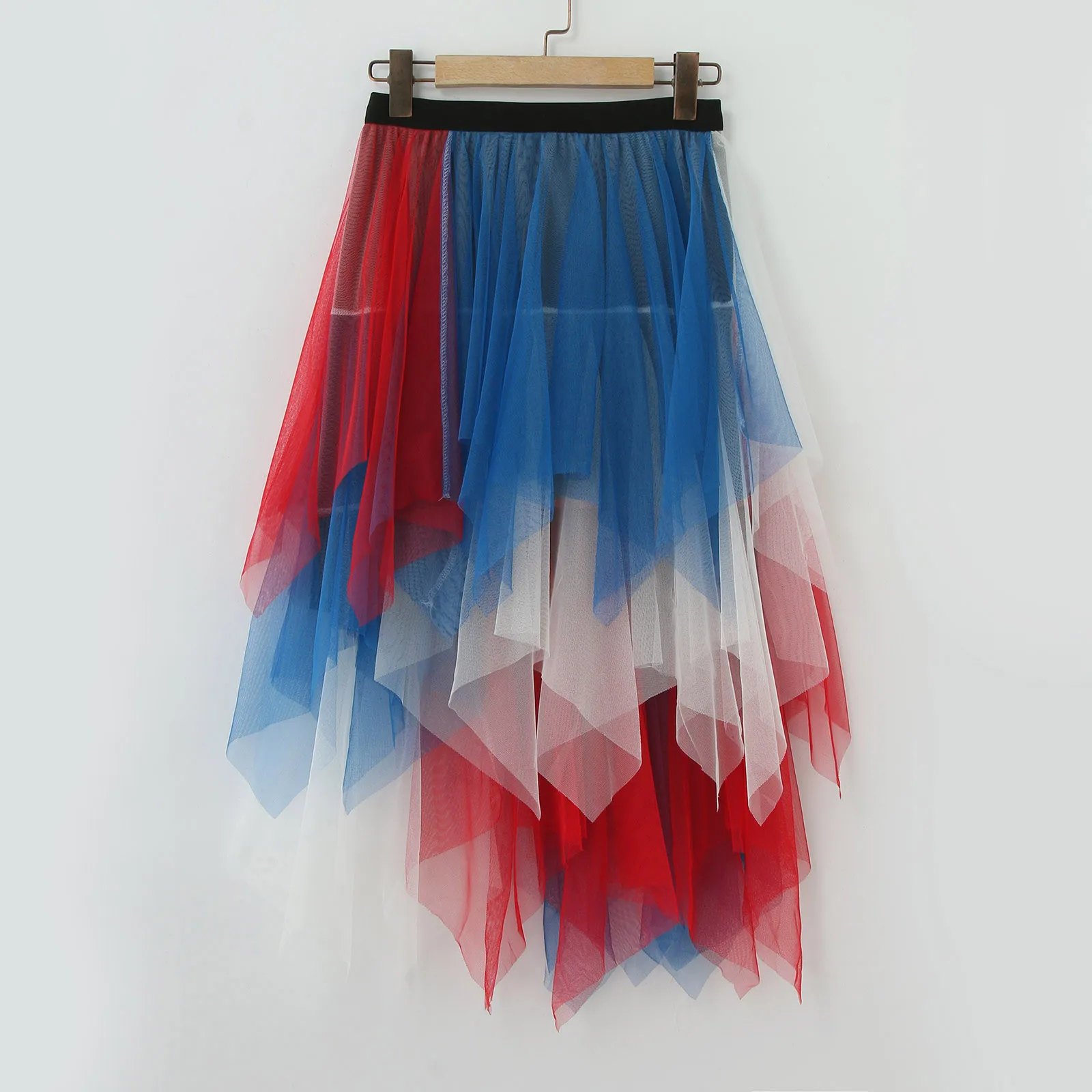 

Ladies Elastic Waisted Spliced Contrasting Colors Irregular Mesh Puffy Skirts Fashionable High Waist A Line Half Length Skirts