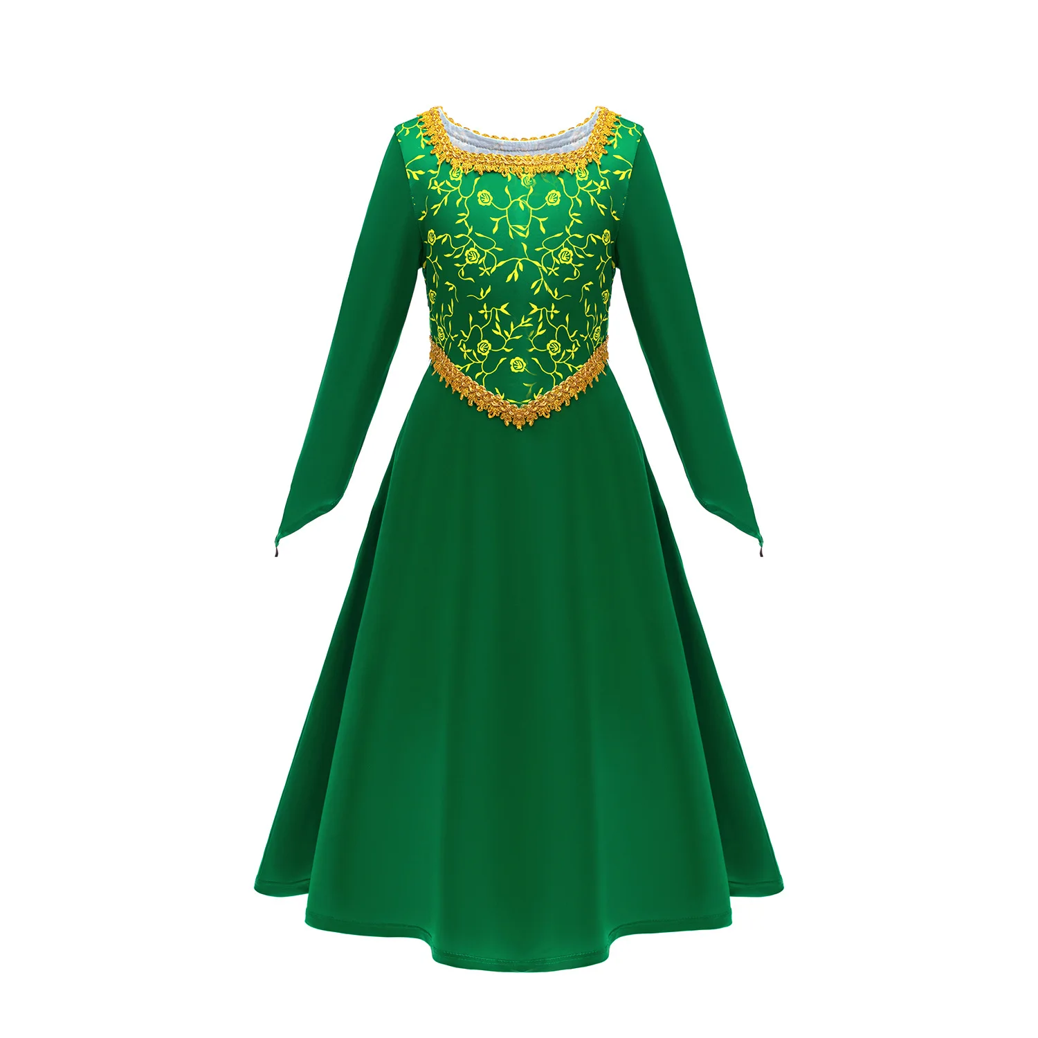 Kids Princess Fiona Costume Green Dress Velvet Long Sleeve Girls Halloween Cosplay Dress up Gown Dress