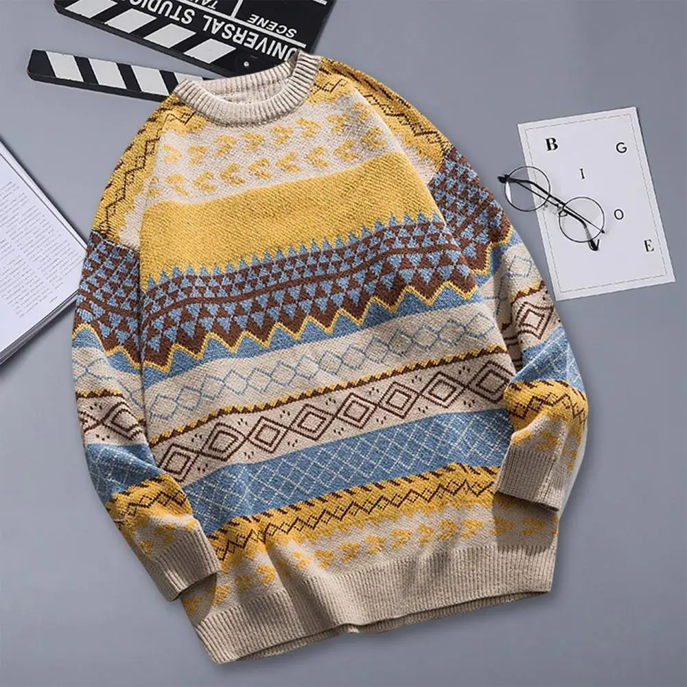 Pullover Sweater Soft Winter Striped Patchwork Color Pullover Knitwear Loose Fit Skin-Touch Knitwear Jumper for School