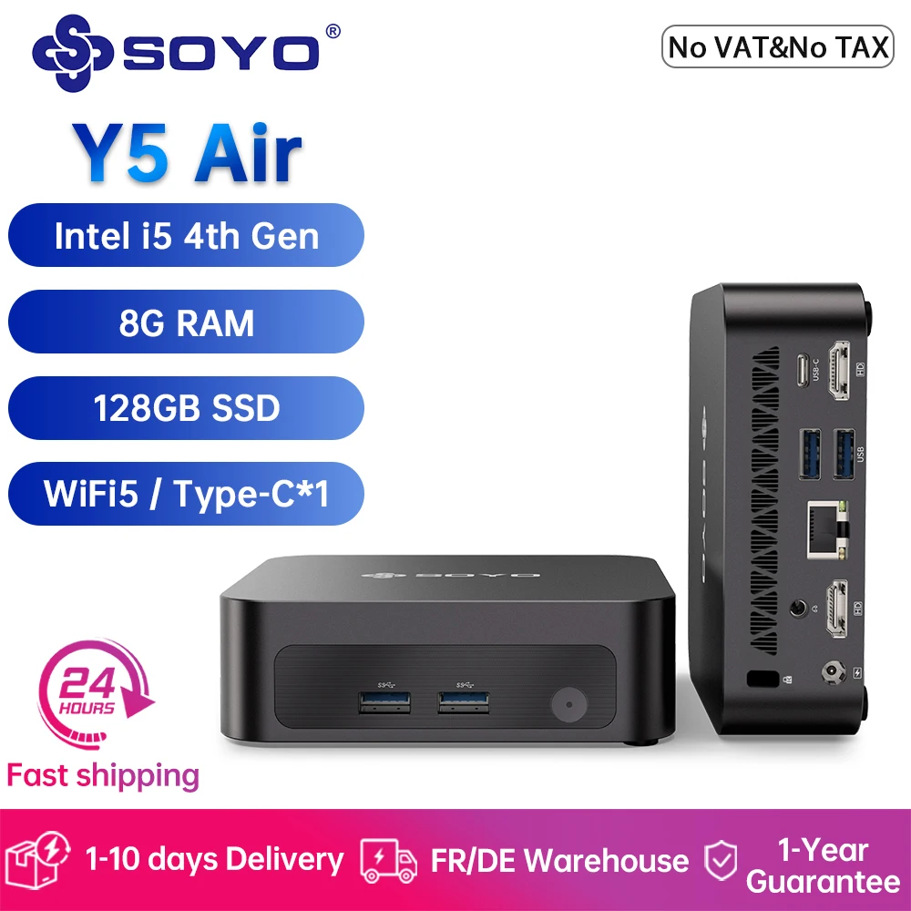 SOYO Mini PC Y5 Air Intel Core i5 4e génération avec 8 Go de RAM, 128 Go de SSD M.2, mini ordinateur de bureau, double écran 4K, WiFi 5, BT4.2, USB-C
