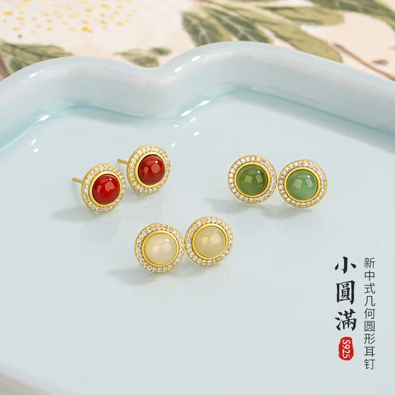luxury-genuine-hetian-jade-mini-round-stud-earrings-s925-sterling-silver-new-chinese-niche-elegant-classic-red-agate-for-women