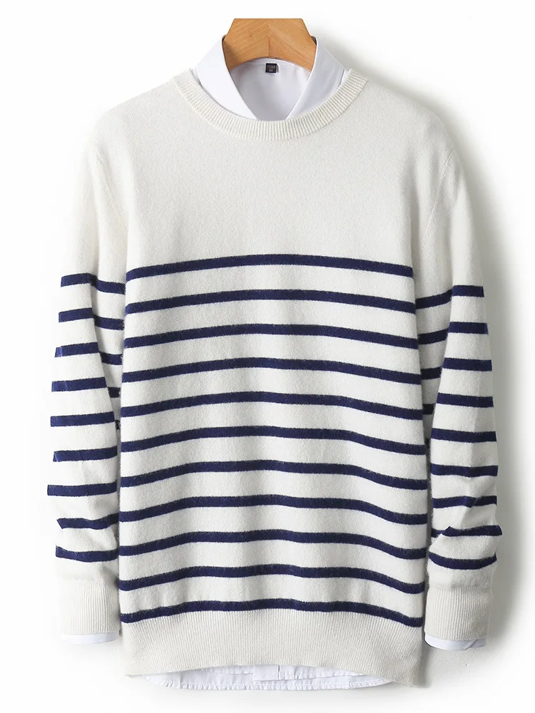 

Men's Autumn Winter Smart Casual Pullover Striped 100% Merino Wool Knitted Sweater O-Neck Warm Naval Style Clothes Tops