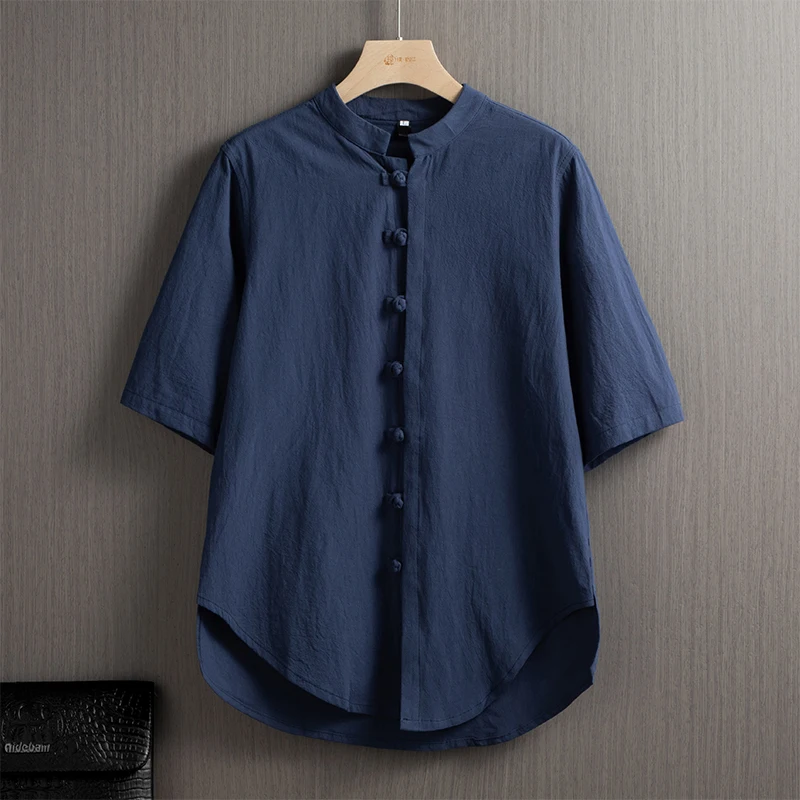 

Loose Fit Linen Cotton Shirt Men's Traditional Chinese Tang Costume Short Sleeve Button up Collar Ethnic Fashion Summer Top