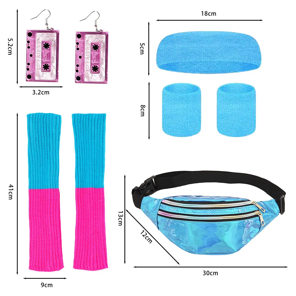 7PCS 80s Retro Vintage Cosplay Fitness Clothing Women Roleplay Workout Costume Headband Legging Earrings Female Carnival Suits