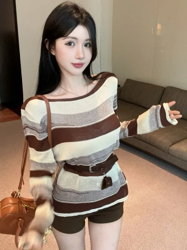 

Sweet And Spicy Shoulder Bared Long Sleeve Knitted Top for Women with Waist Belt Fall New Style American Style Standard Fit C...