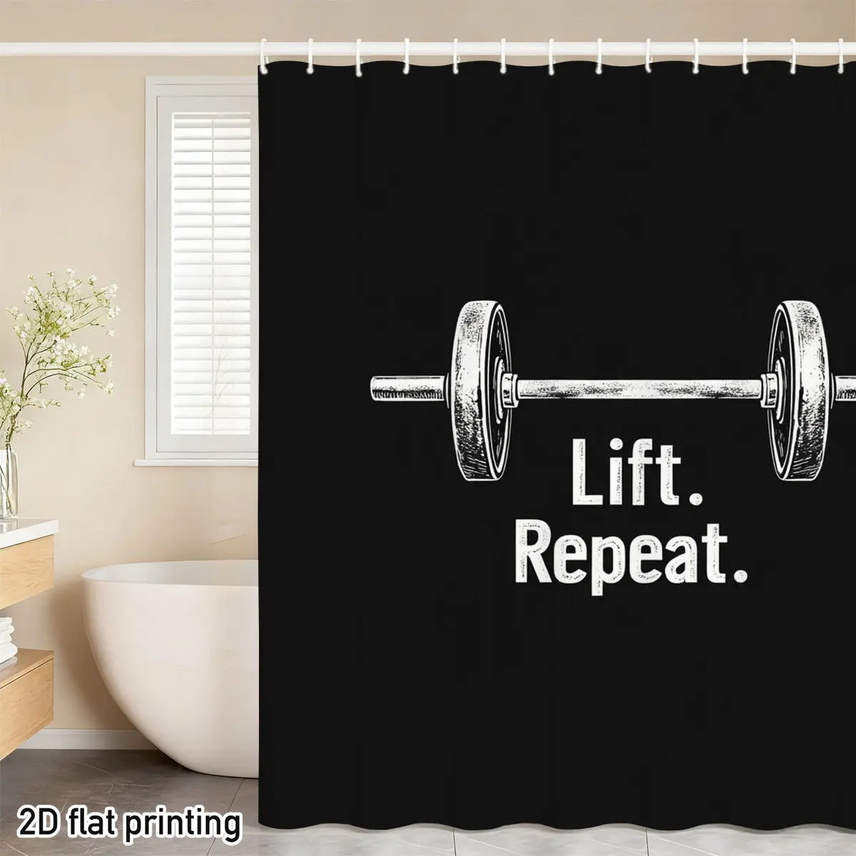 Barbell Shower Curtain, Lift Repeat Gym Motivation Print Waterproof Bathroom Decor, Fitness Bodybuilding Home Bath Screen