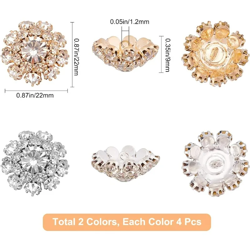 2 Colors 8PCS Rhinestone Shank Buttons Crystal Flower Embellishments Sew on Clothing Buttons Clothes DIY Jewelry Decoration