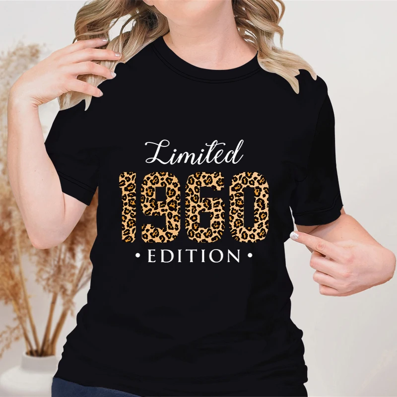 Women's Clothing Limited Edition 1960 Birthday Retro Designs Tops Round Neck 64th Birthday Gifts Leopard Pattern T-shirt Female