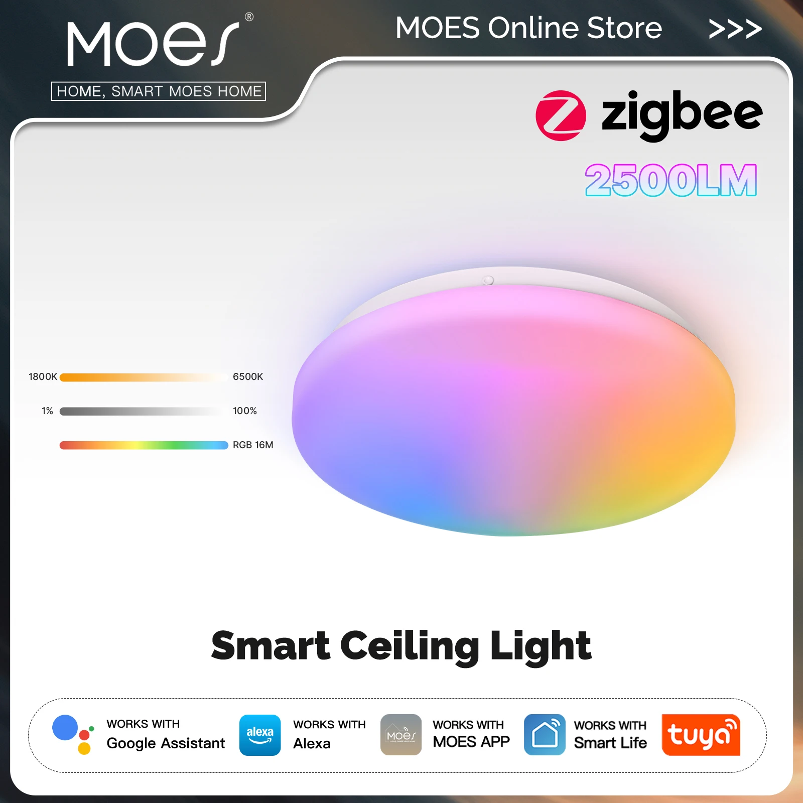 

Умная потолочная светодиодная лампа MOES Tuya Zigbee с регулировкой цветовой температуры, RGB-подсветкой, диммированием, управлением через приложение и голосовым управлением, совместимая с Alexa и Google Home