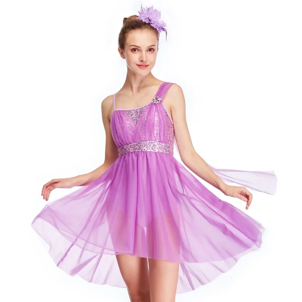 MiDee High-low Lyrical Dance Costumes Dresses  One Shoulder with Rhinestones Buckle Pleated Tulle Over Sequins Top Knee Length