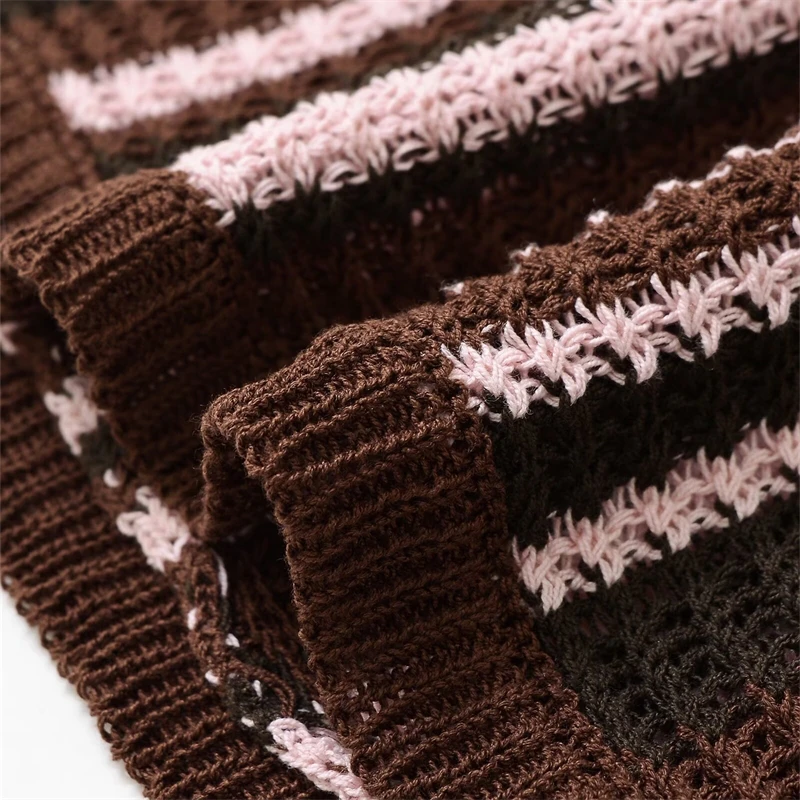 KEYANKETIAN صيف جديد المرأة عمودي مخطط قصير الأكمام محبوك قمة ريترو ستايل سليم رقيقة رفض طوق لينة البلوز #5