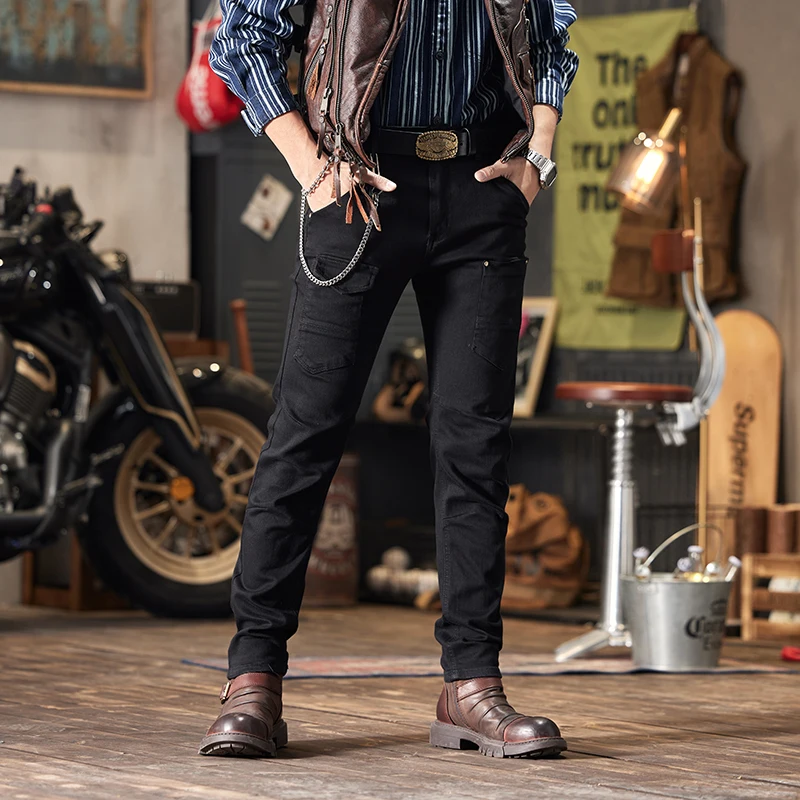 Pantalones vaqueros negros para motocicleta para hombre, pantalón ajustado de alta gama con múltiples bolsillos, novedad de 2024