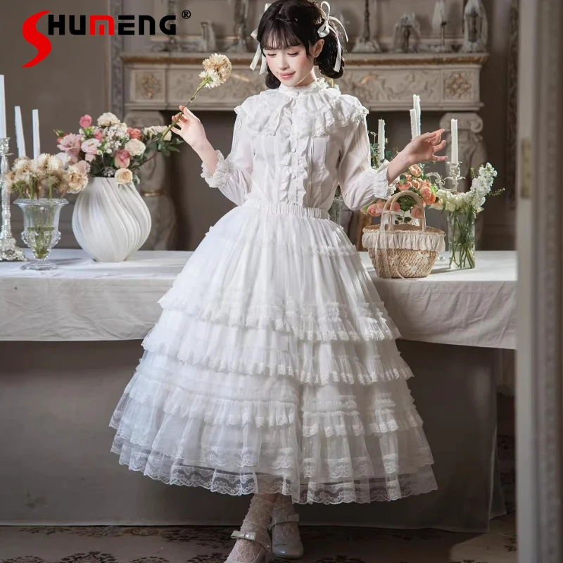 

Japanese Lolita Style Y2k Solid Color Beautiful Long Skirts Original Dotted Gauze Section Large Swing Bows Lace Skirt Petticoat