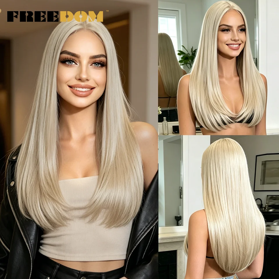 FREEDOM Gerade, geschichtete synthetische Lace-Front-Perücken für Damen, 22 Zoll, mittellange Spitzenperücke, Ombre-Braun-Blond-Ingwer-Perücke für den täglichen Gebrauch