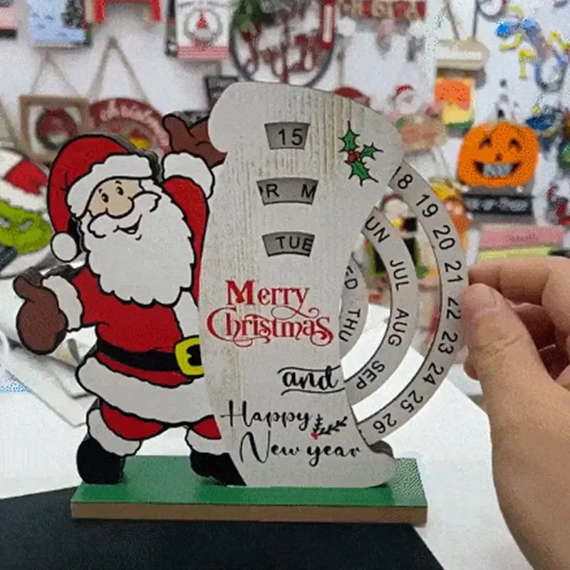 Christmas Perpetual Calendar Manual Rotating Wooden Block Calendar Santa Claus Bell Snowman Desk Calendar of Month Week Date