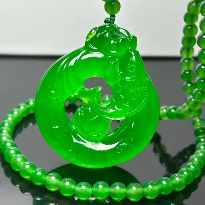 

Certified Natural Jade Jadeite Carved Koi playing lotus Pendant&Necklaces Koi Opera Lotus