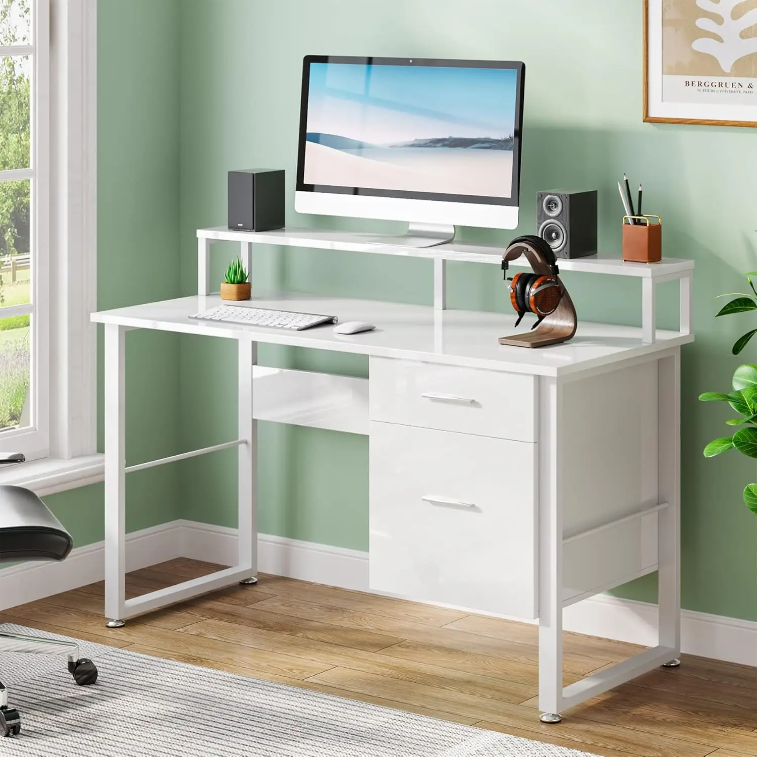 Modern White Computer Desk with 2 Drawers and Hutch - 47 Inches Writing, Space Saving Gaming Table for Home Office Workstation