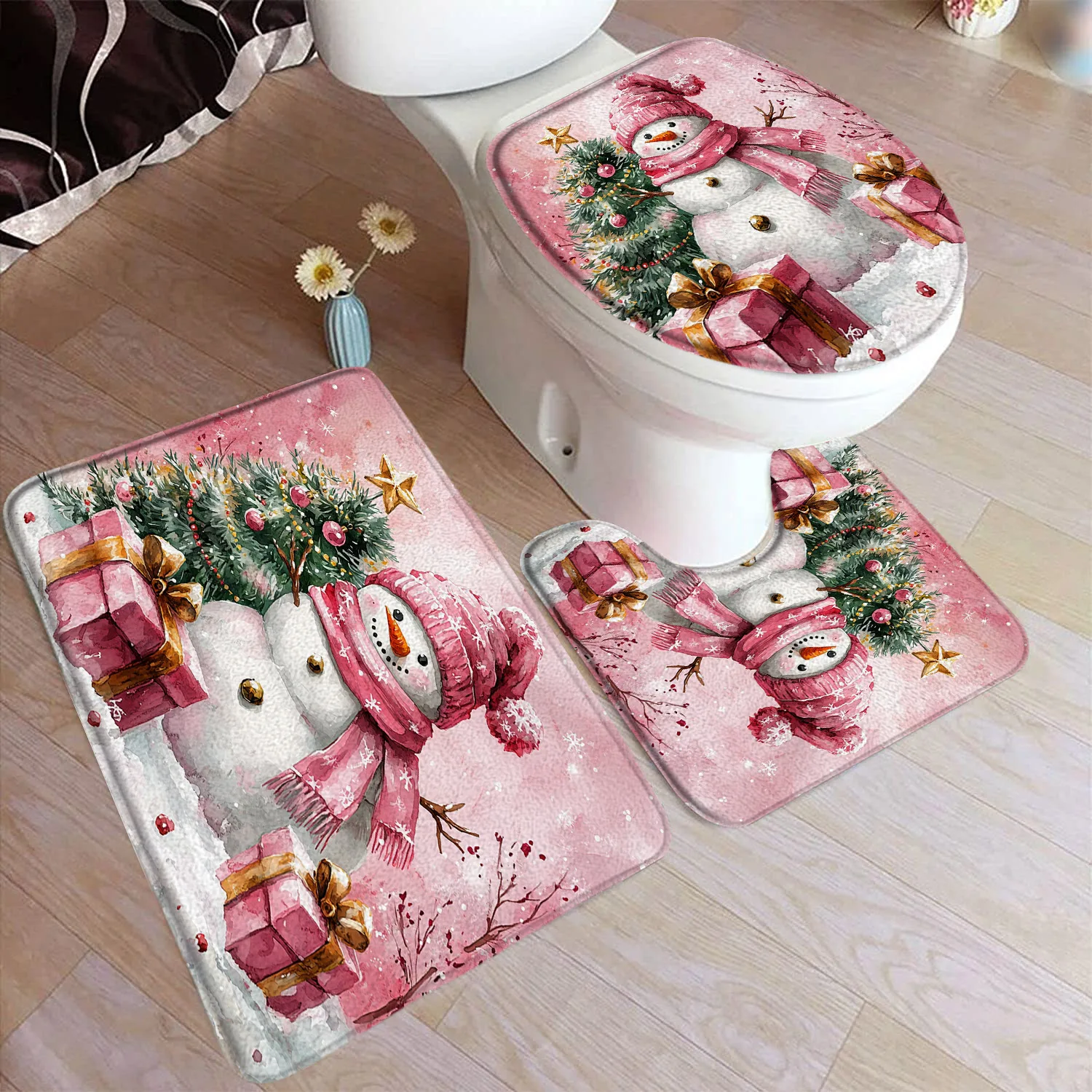 

Милый снеговик, набор ковриков для ванной, зимняя снежинка, рождественская елка, подарок, розовое рождественское украшение для дома, ванной комнаты, напольные коврики, крышка унитаза