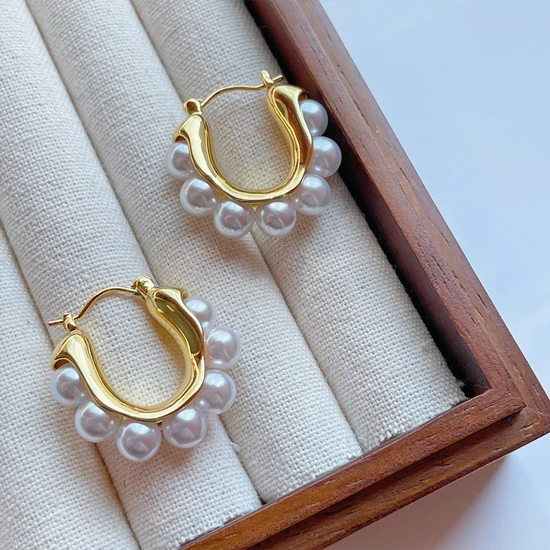 Classic Retro U-shaped Geometric Inlaid Pearl Ear Buckle Women Elegant Fashion Earrings Jewelry Dairy Party Wearing