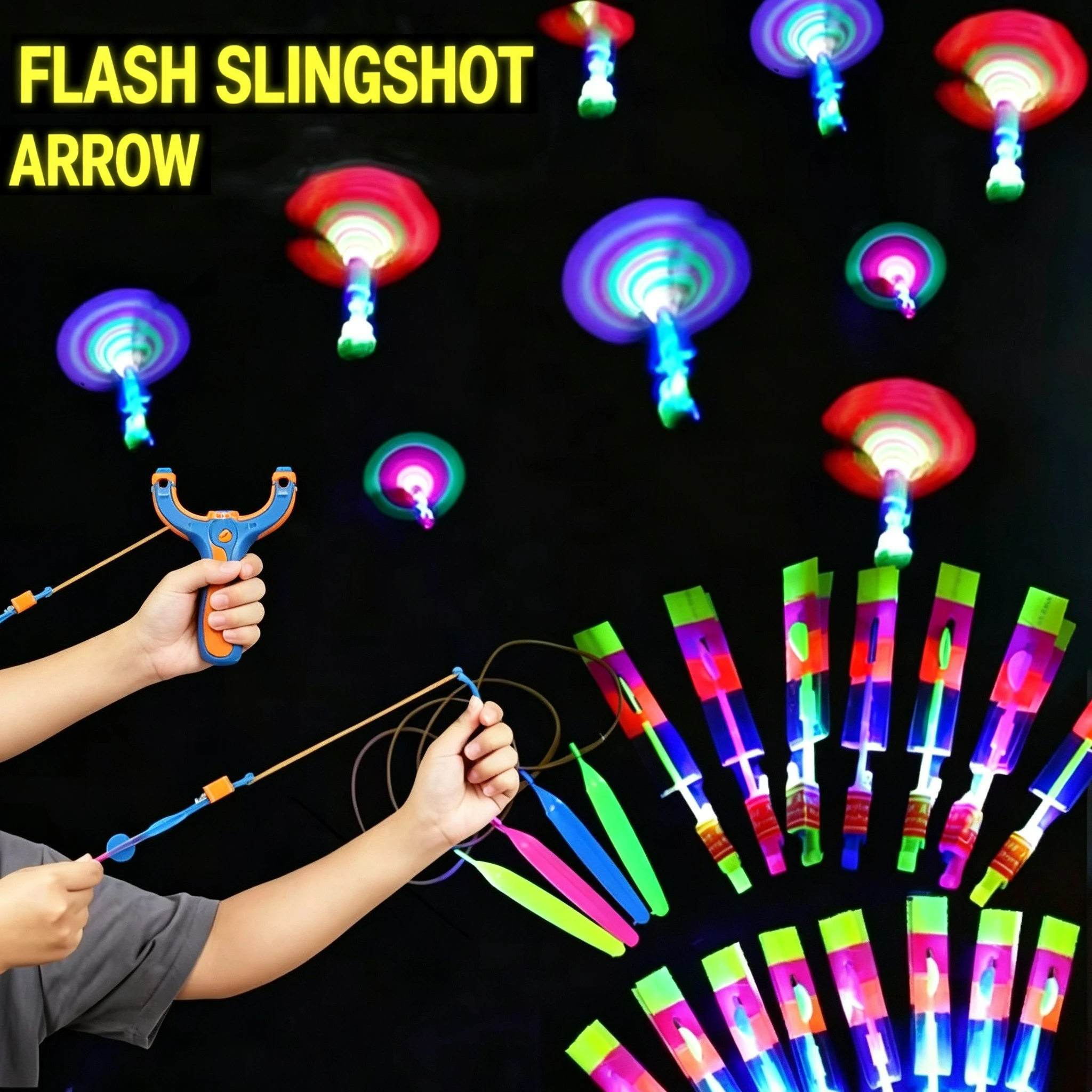Outdoor Flash Rocket Toy LED Lights Glowing Slingshot Rocket Helicopter Flying Toy Party Fun Gift Rubber Band Ejector Toys