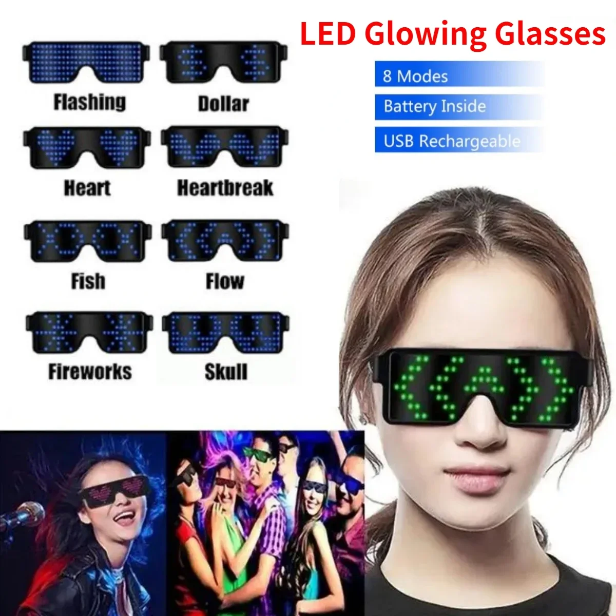 LED Luminous Glasses Neon Glass Glowing Christmas Flashing Light USB Charge Glow Sunglasses Holiday Birthday Party Carnival Prop