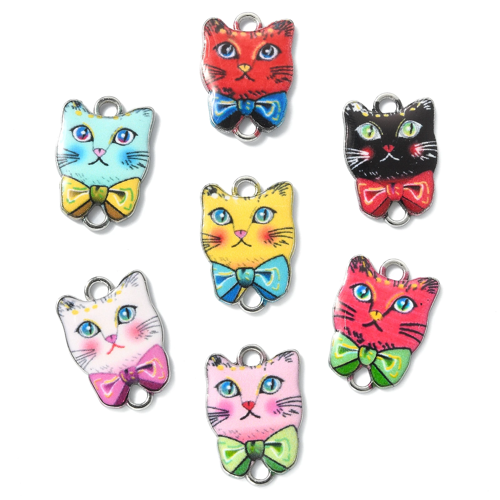 

35Pcs 7 Styles Enamel Colorful Cat Link Connector Charms Animal Head Kitten Charms Pet Charms for Jewelry Making Bracelets DIY