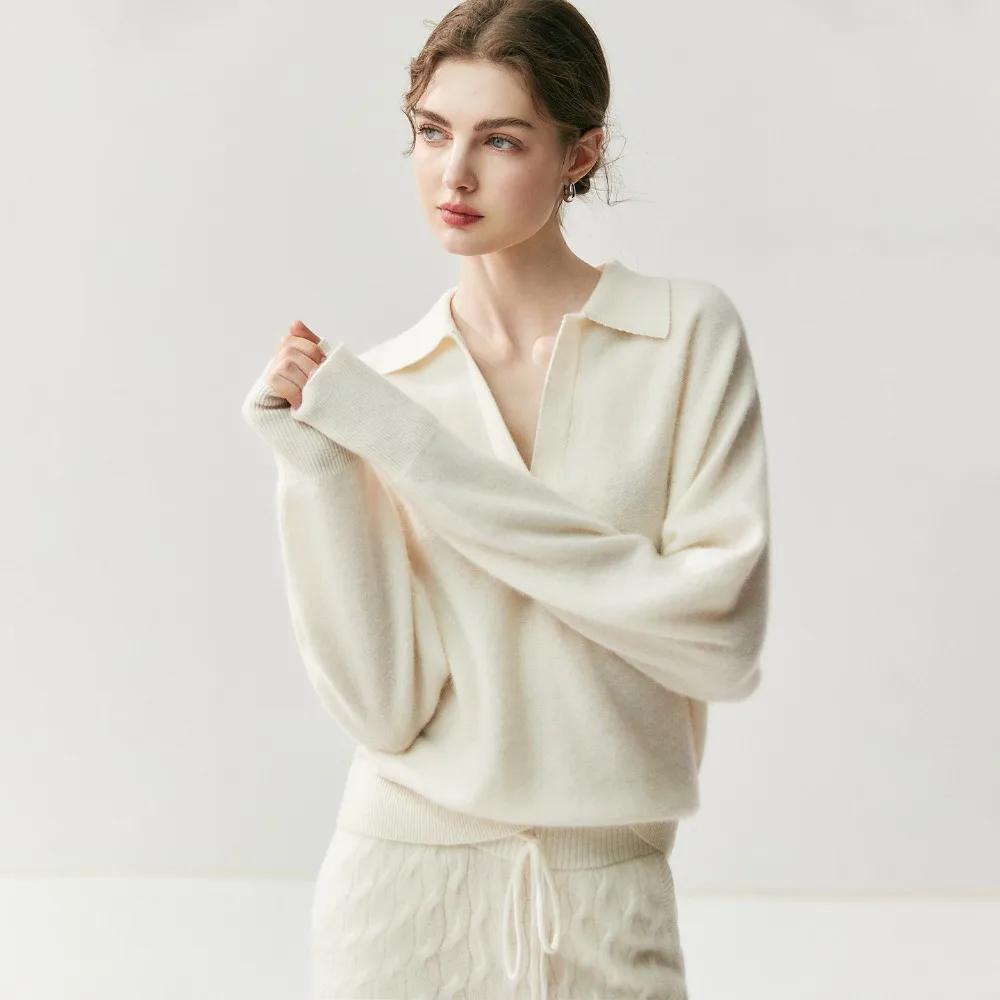 2025 Herbst und Winter Damenbekleidung Vintage-Stil 30 % Kaschmir Polo Scherenhals Französischer Lazy Style Wollpullover