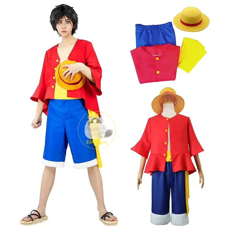 Anime Luffy Cosplay Costume Uniform Luffy Straw Hat Red Jacket Halloween Carnival Party Costumes for Men Women Adult Children