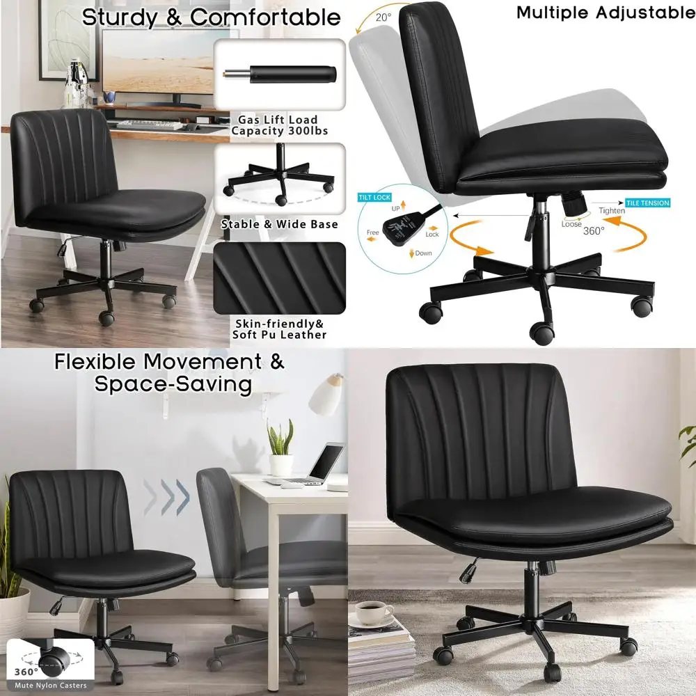 

Modern Adjustable Swivel Office Chair with Wheels, Armless PU Leather Seat for Home & Work, Black