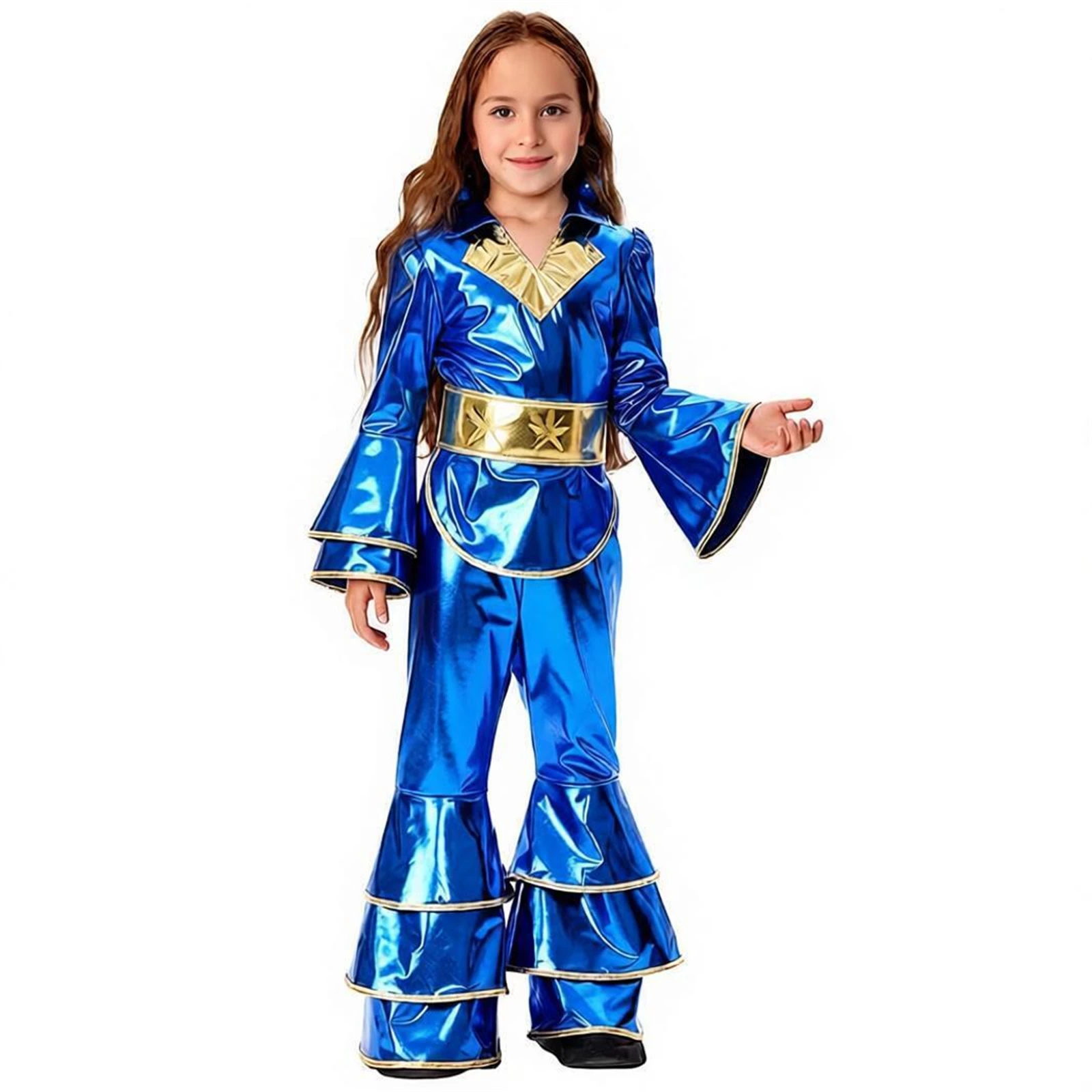 

Kids Hip Hop Dancewear Outfits 70s 80s Hippie Disco Retro Metallic Gloss Layered Flare Jumpsuit Halloween Carnival Cosplay Costu