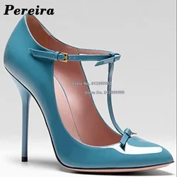 Pereira Solid Bow Knot T-strap Pumps for Women Pointed Toe Buckle Strap Block Heel Wedding Shoes Thin High Heel Shoes on Heels