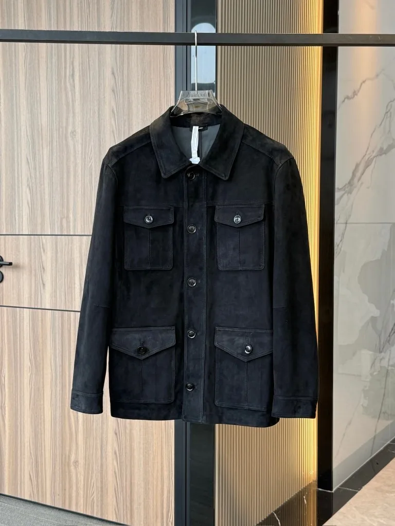 TF Men Vintage Suede Leather Jacket 2026 Autumn Winter Turn Down Collar Button Front Big Pocket Thin Coat