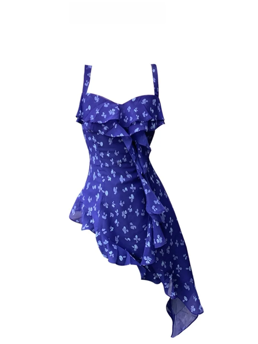 

Женская летняя юбка с цветочным узором, оборками, квадратным вырезом, на бретельках, с асимметричным дизайном и завышенной талией