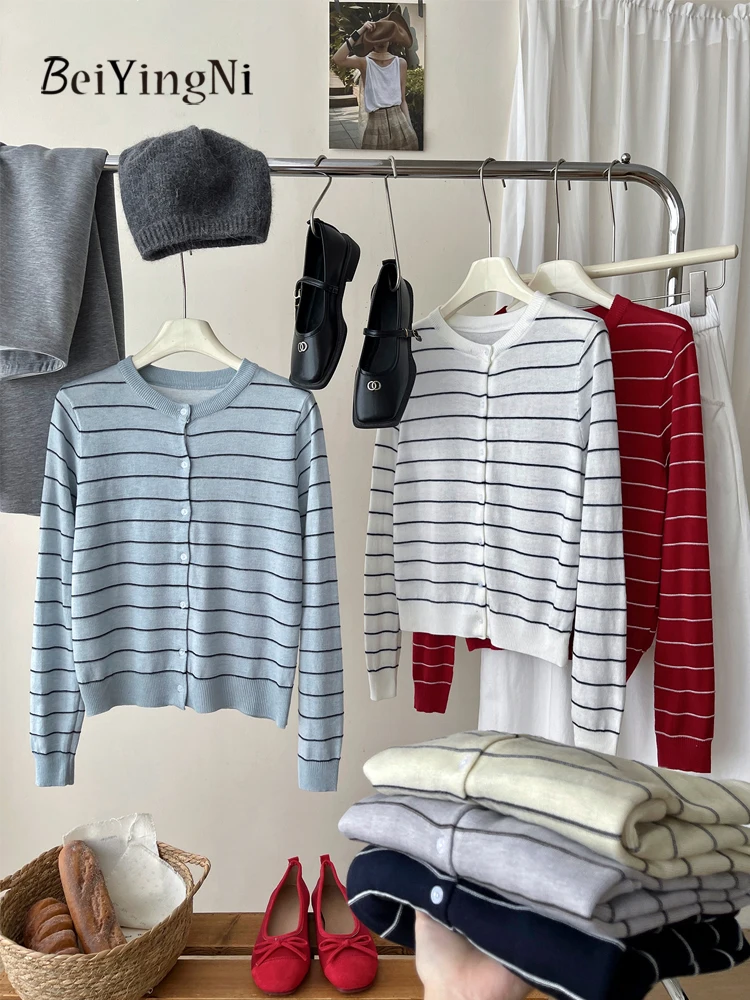 

Beiyingni New Style Women's Cardigans Striped Casual Kpop Buttons Autumn Winter Sweater for Woman Soft Red Tops Knitted Outwear