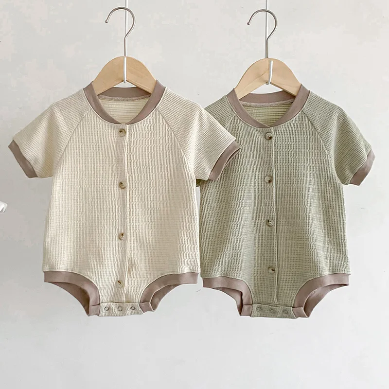 

Korean Style Infant Baby Jumpsuit Short Sleeved Cotton Solid Color Newborn Baby Boys Girl Romper Children Clothing For Summer