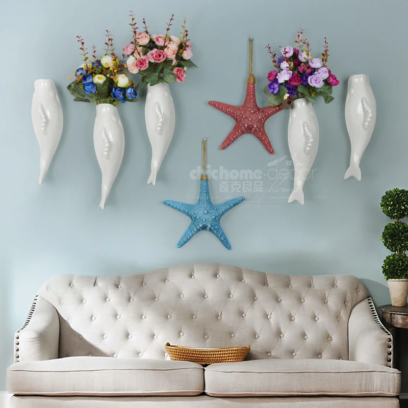 

Modern Ceramic Fish Bottle Flower, Starfish Combination Wall Art, Creative Home Office and Restaurant Decoration