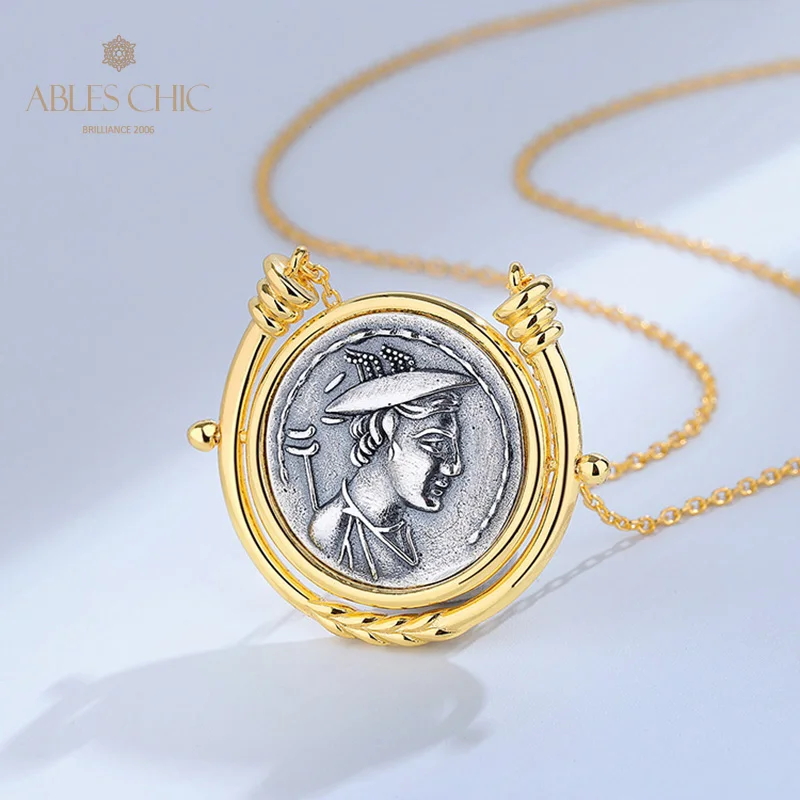 Imagem -02 - Grego Deidade Flip Moedas Pingente Ouro 18k Two Tone Sólido 925 Prata Roman Rotating Coin Colar N1058