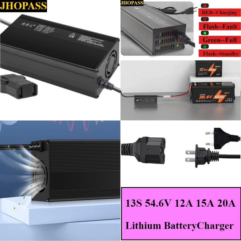 

54.6V 12A 15A 20A Smart LED 13S LiFePO4 Li-ion Lithium Charger with Forklift truck Floor scrubber 110V or 220V UK US EU AU Plug