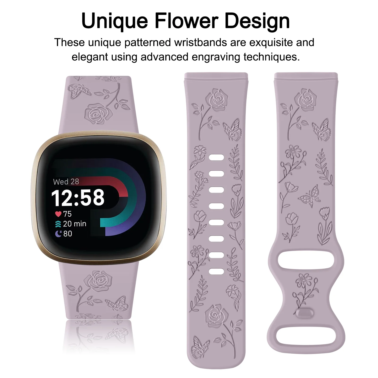 Blumengraviertes Band für Fitbit Versa 3/Versa 4-Armband, weiches Silikon-Armband für Fitbit Sense/Sense 2 Armband-Zubehör