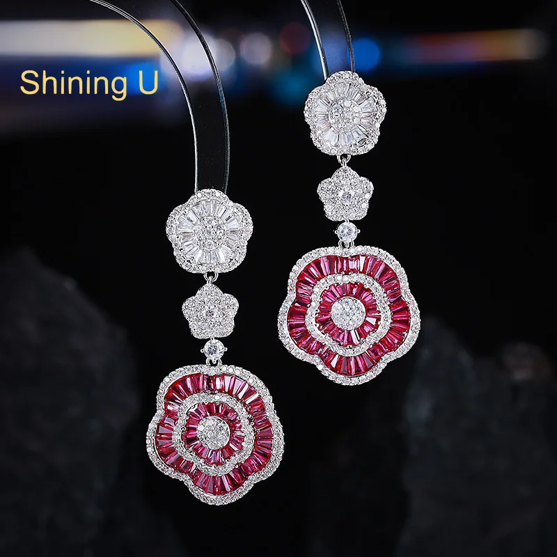Shining U Luxury Rosy Pink Flower Dangle Earrings for Women Fashion Jewelry Party