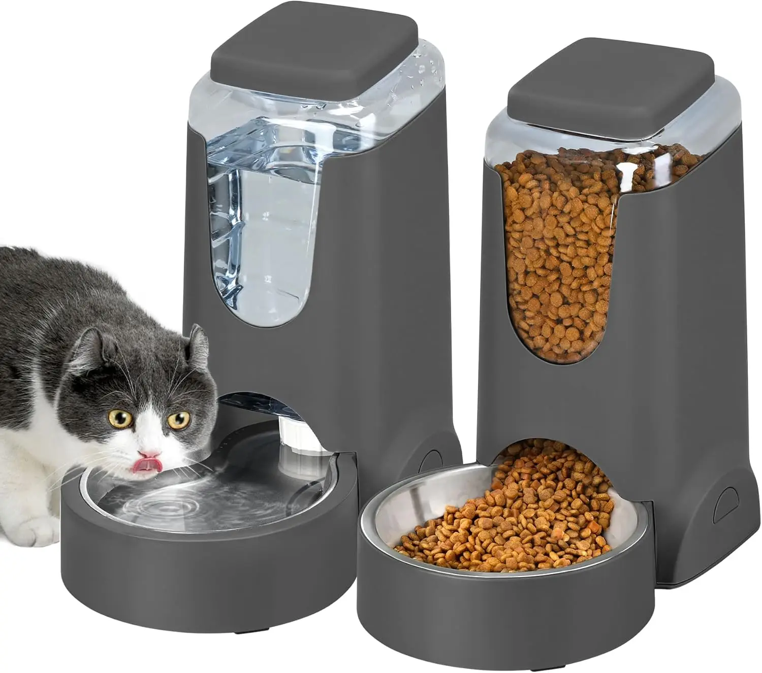 

2-Pack Automatic Pet Feeder & Stainless Steel Water Dispenser for Small Medium Pets, Charcoal Gray