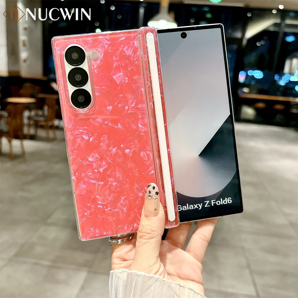 

For Galaxy Z Fold 7 Glitter Marble Shell Pattern Case for Samsung Galaxy ZFold 7 6 5 4 5G fold7 Fold6 ZFold5 Aurora Bling Cover