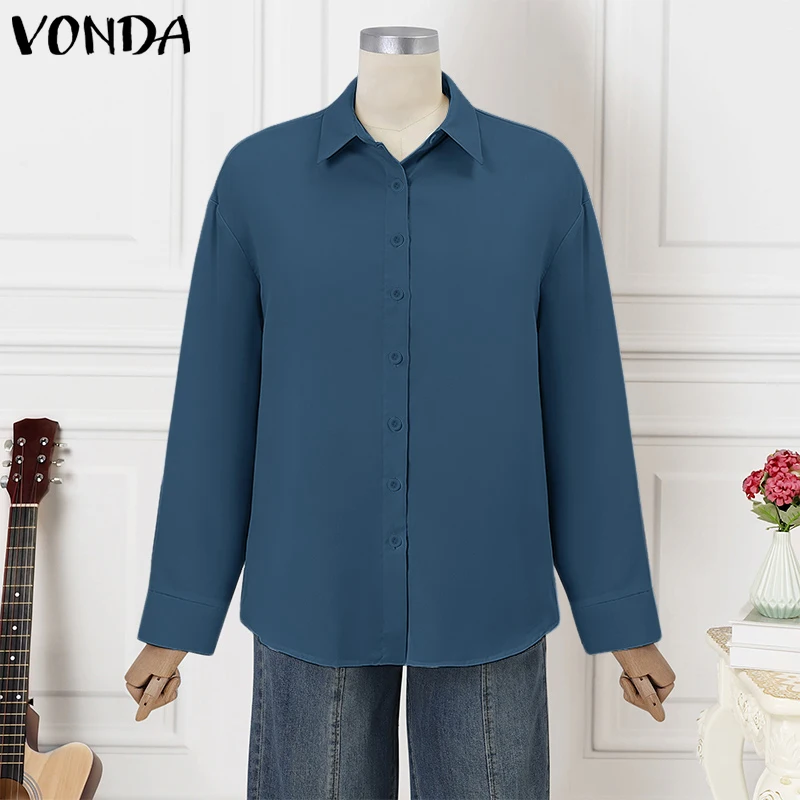 

Женская элегантная блузка VONDA 2026 с длинным рукавом, модная весенняя рубашка с отложным воротником, плиссированная сзади, для офиса, однотонная, туникообразная, женская