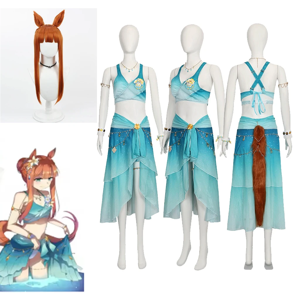 

Umamusume Pretty Derby Silence Suzuka Cosplay Costume Summer Beach Swimsuit Skirt Bikini Wig Woman Party Disguise Performance