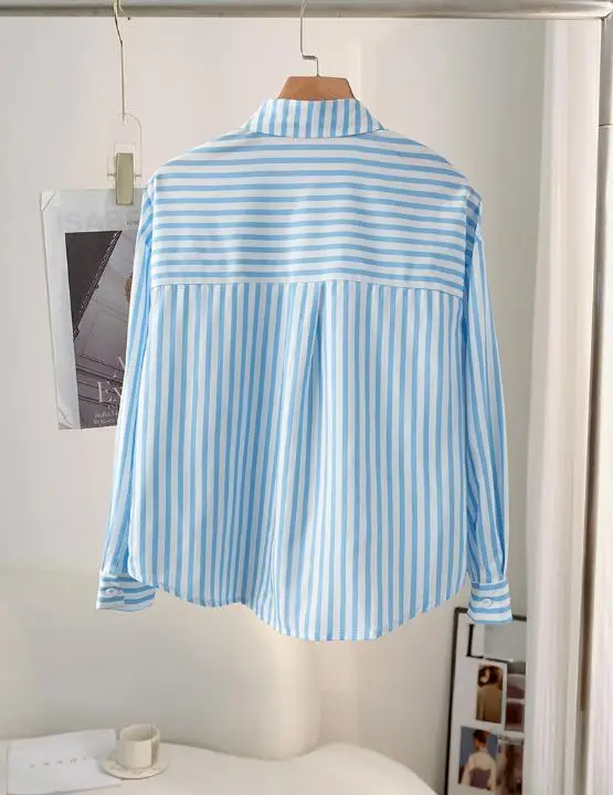 Woman Blouse 2025 Spring Autumn New Fashion Striped Turn-Down Collar Long Sleeved Pocket Design Loose Casual Daily Shirt