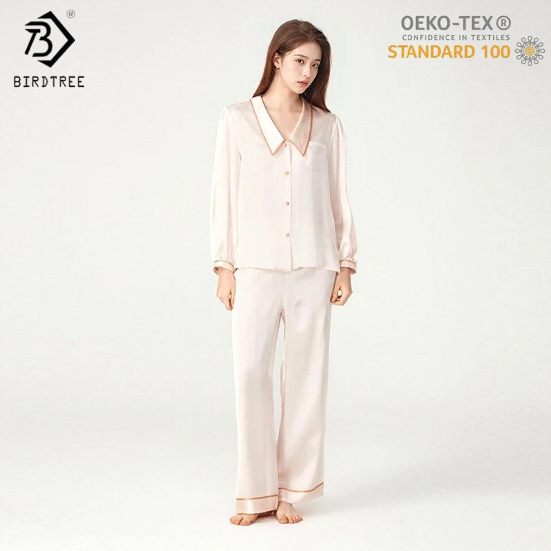 

Комплект пижамы BirdTree, OEKO-TEX, 6A, 100% натуральный шелк, женская однотонная домашняя одежда для сна с длинным рукавом, новинка осень-зима 2025 T5D905JF