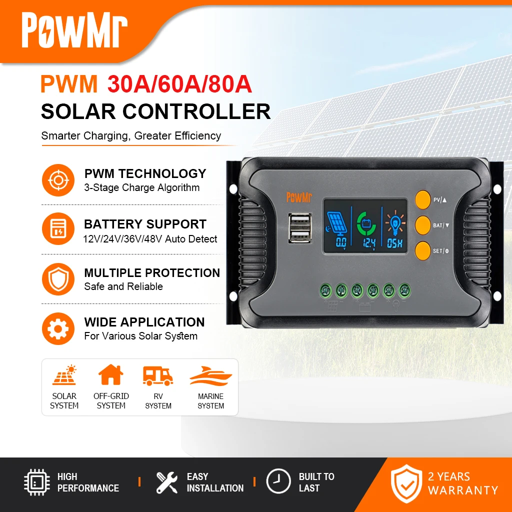 Contrôleur de charge solaire PWM PowMr 30A 60A 80A Série Pstar 12/24/36/48V Auto avec entrée PV max. 100V, charge en 3 étapes, compatible avec les batteries LiFePO4, Gel et Plomb-acide pour système solaire domestique hors réseau