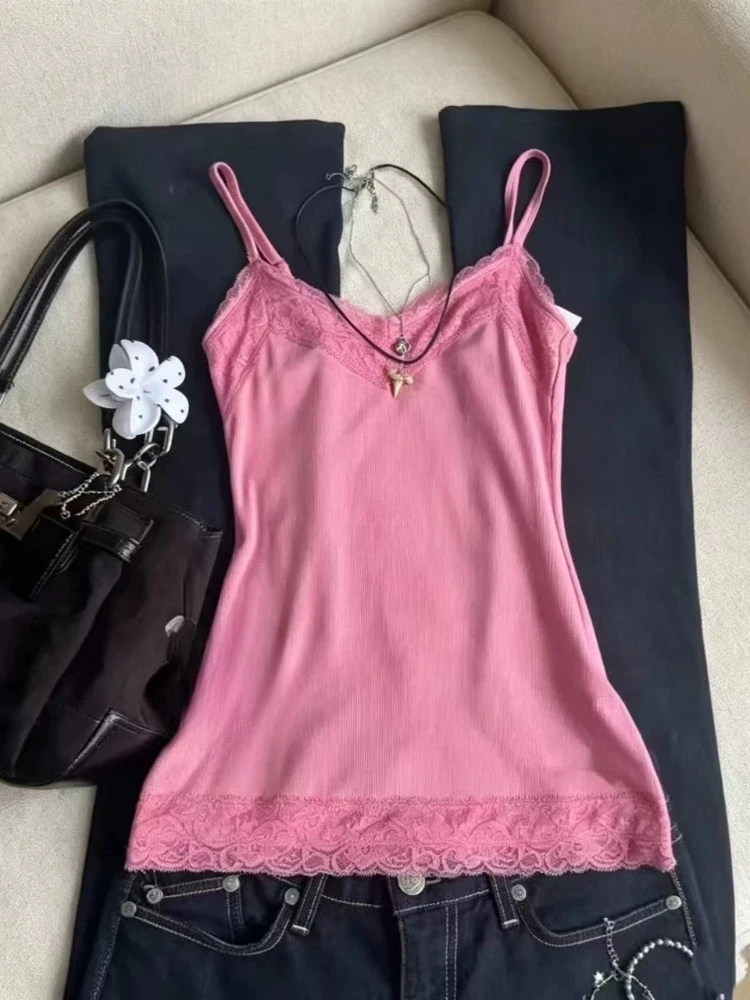 Y2k Aesthetics Lace Patchwork Grunge Top Women Harajuku Casual Bodycon Vest 2026 Summer Streetwear Cropped Vintage Camisole