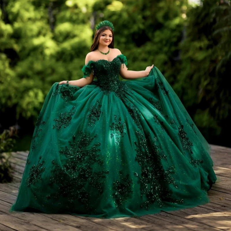 Dark green Glitter Quinceanera Dresses Off Shoulder Ball Gown Sweet 16 Dress Applique Lace Beading Bow Tull Corset Party Birthda